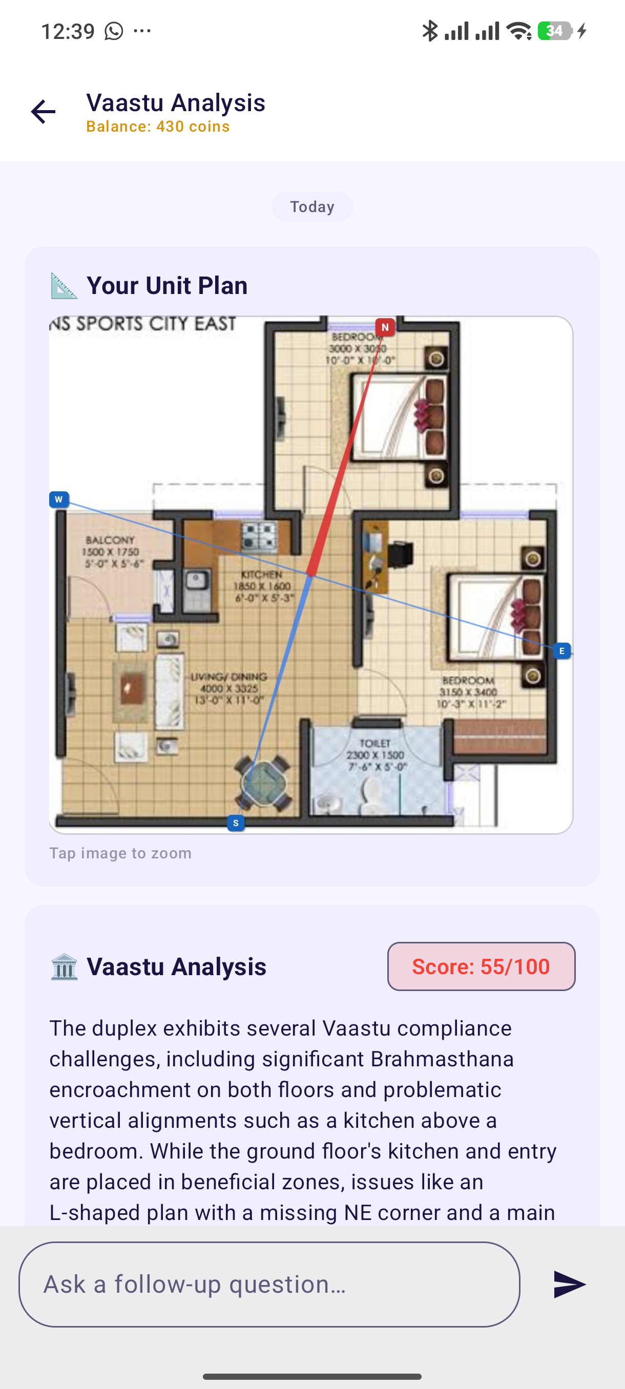 Vaastu Analysis chat with annotated floor plan and 55 of 100 score