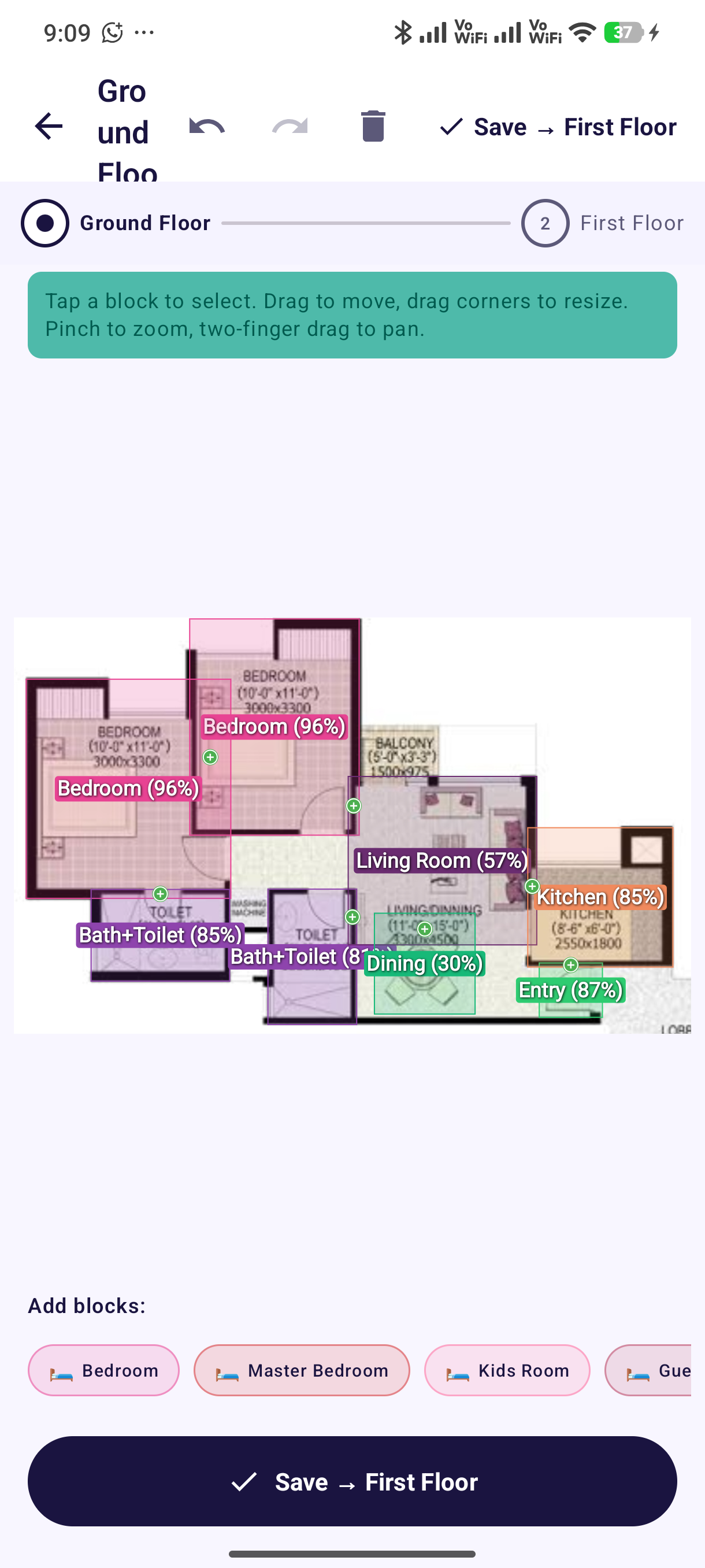Floor plan with AI-detected rooms and confidence scores