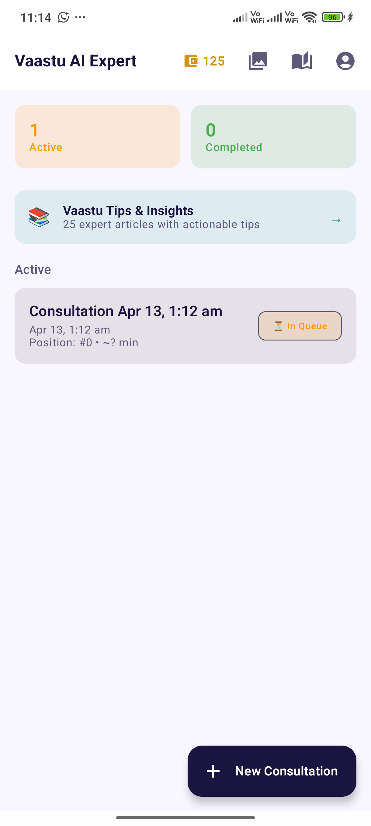 Home dashboard showing active consultations and coin wallet