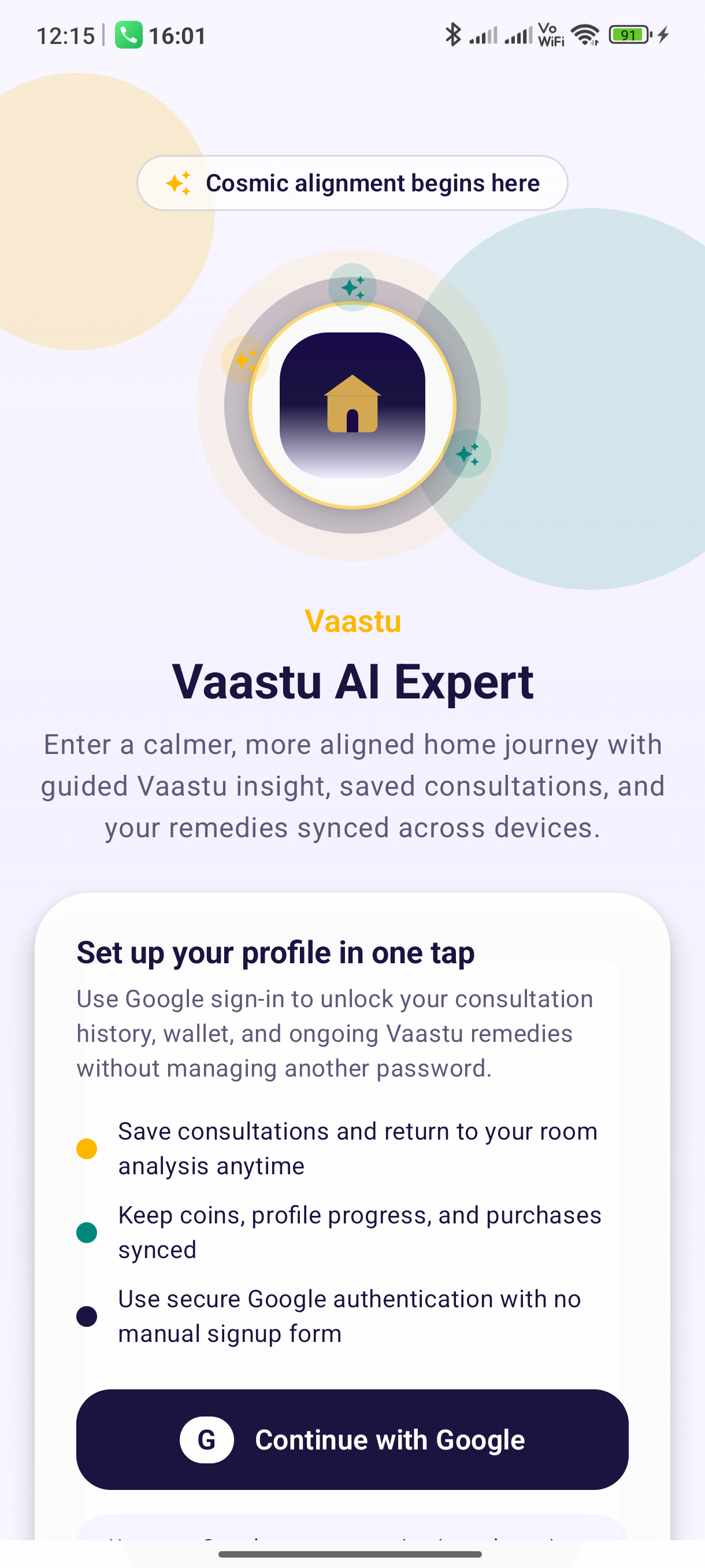 VaastuAI app welcome screen — Cosmic alignment begins here